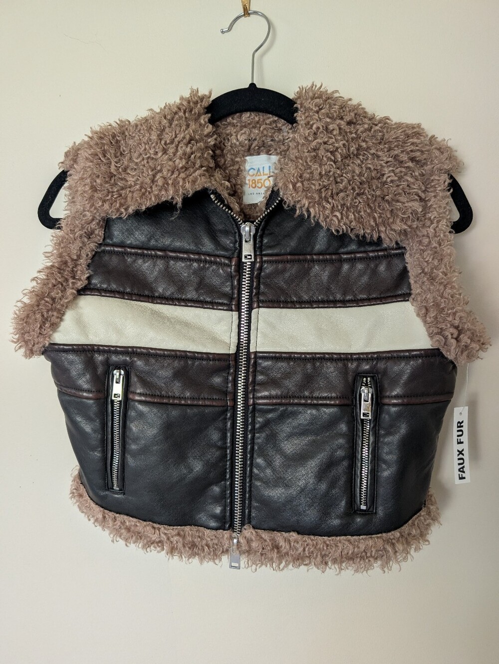 NWOT Cal1850 Faux Fur Trim Leather Vest with Cream Stripe
